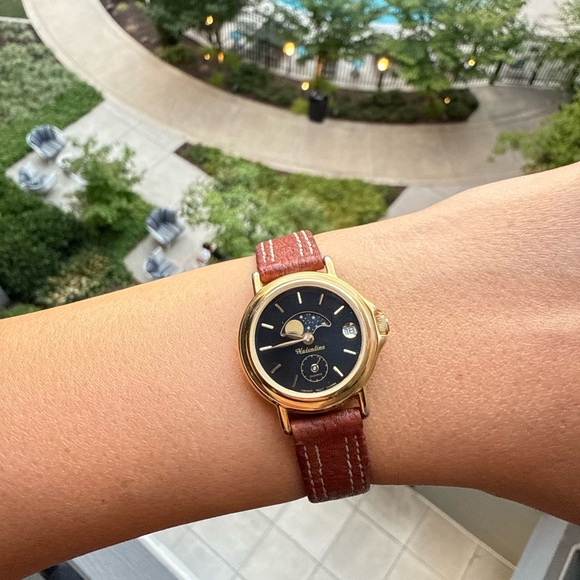 Vintage Valentino Moonphase Quartz Watch French Movt Gold Black Dial Brown Strap - Picture 1 of 13